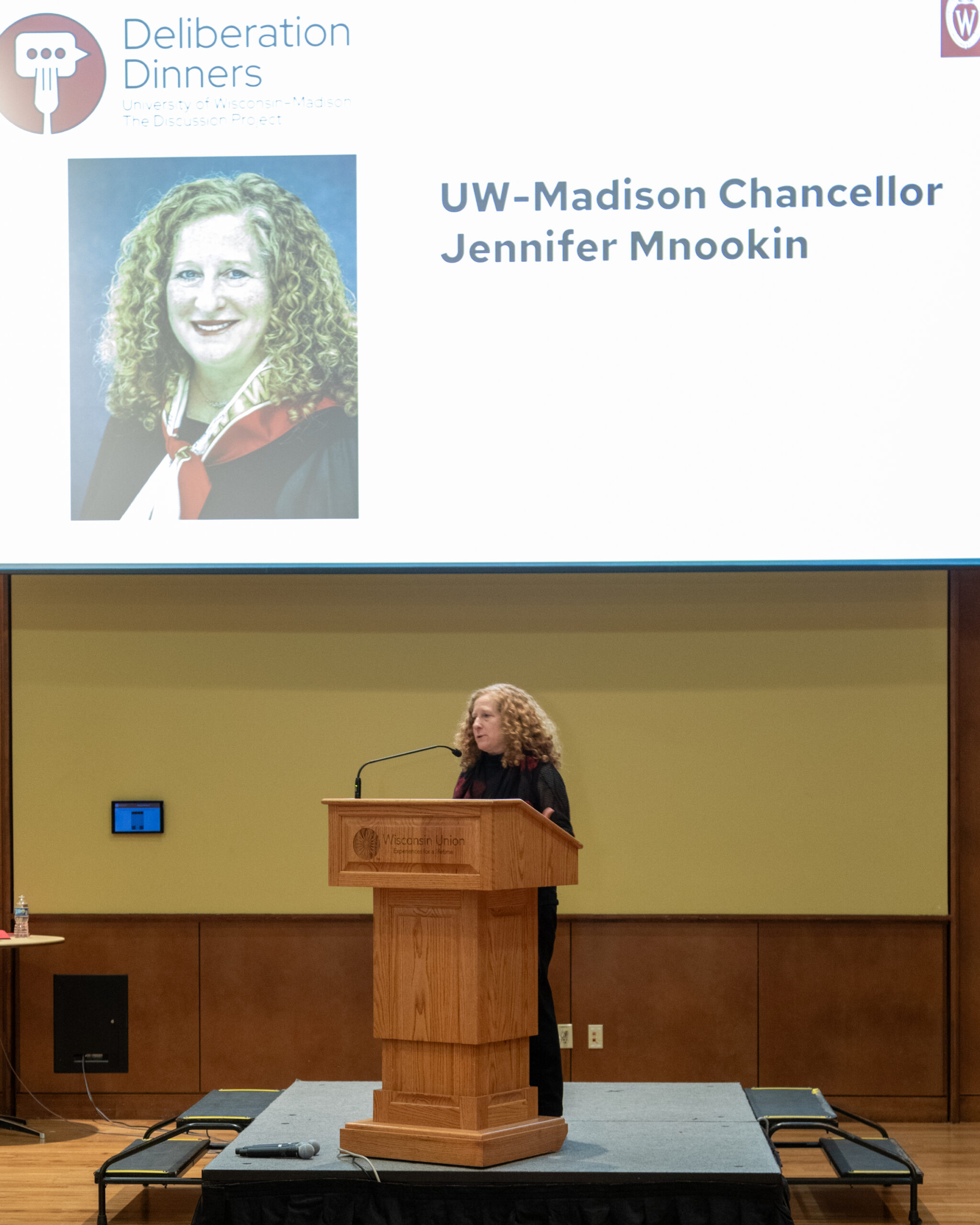 UW-Madison Chancellor Jennifer Mnookin at a podium on stage